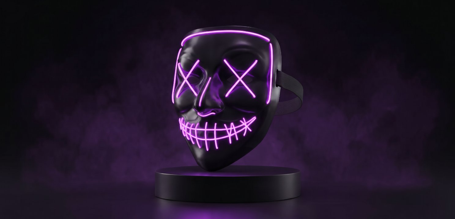 Máscara LED de neón morada sobre un pedestal negro, con su control de luz y elástico